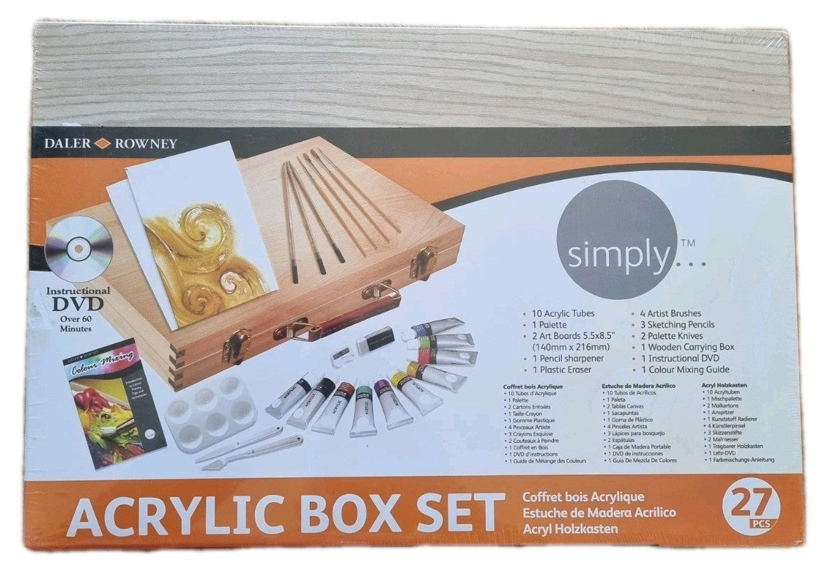 Daler Rowney Simply Acryl Malset 27-tlg Holzkoffer Starterset Pinsel Lehr-DVD...