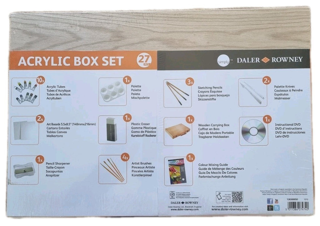 Daler Rowney Simply Acryl Malset 27-tlg Holzkoffer Starterset Pinsel Lehr-DVD...